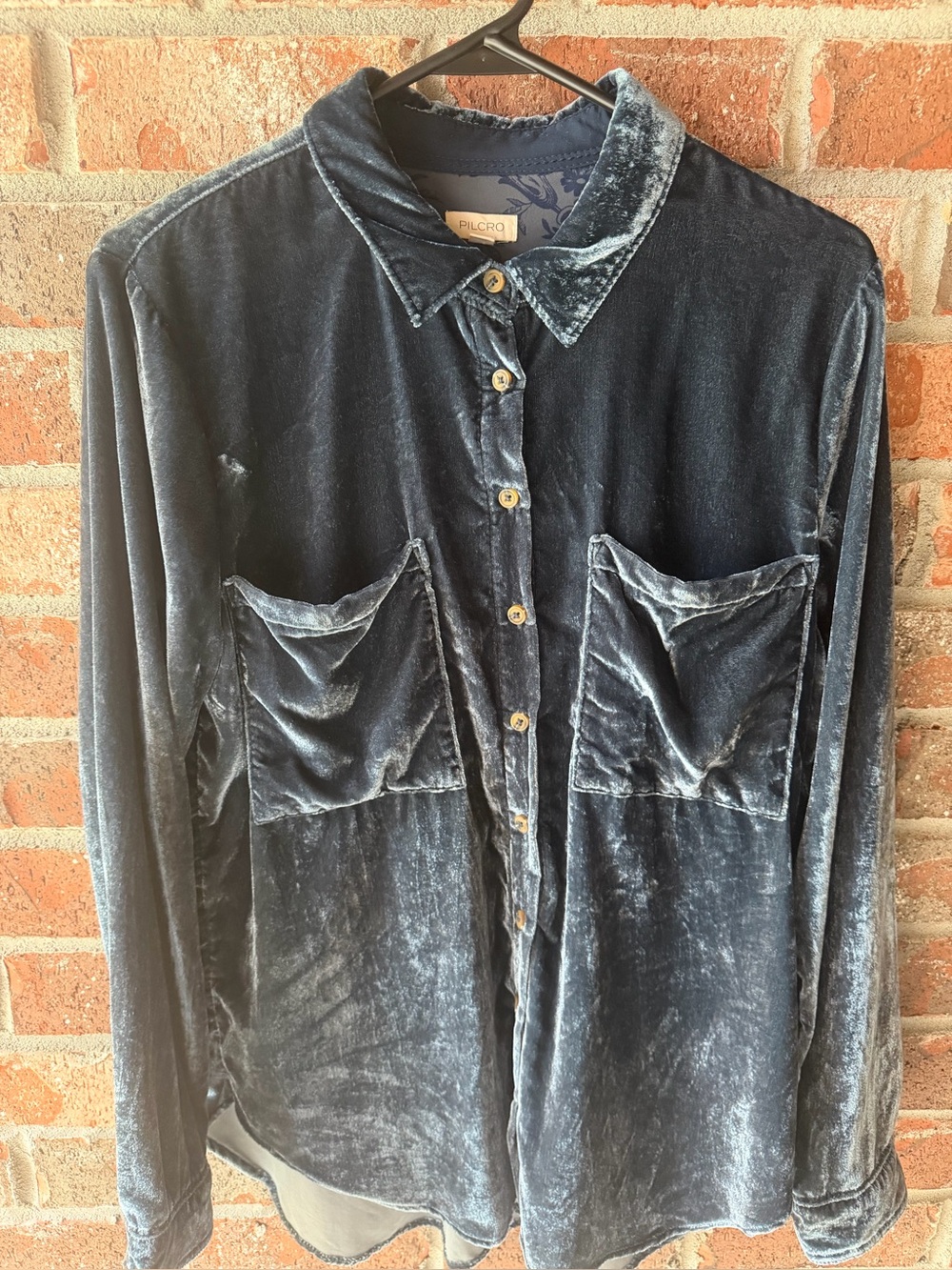 Pilcro Velvet Button-Down Shirt in Deep Navy
